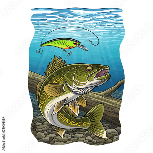 walleye fish hunting a lure underwater lake river fishing illustration