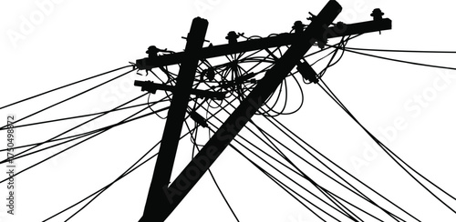 Silhouette of utility pole with crossarms, electrical wires, power lines, urban infrastructure, energy distribution, tangled cables, electricity network, industrial structure, city skyline
