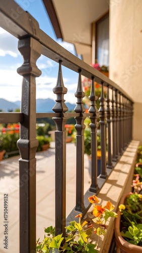 Exterior balcony railing with flowers