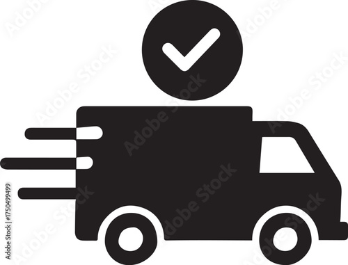 Delivery confirmation icon vector illustration in black and white with fast-moving truck and checkmark for logistics, shipping and e-commerce themes