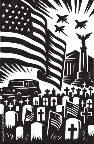 Military tribute vector illustration in black and white with American flag, jets, hearse, gravestones and monument for patriotic and memorial themes