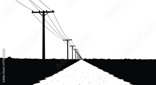 Rural dirt road with utility poles, power lines perspective, countryside infrastructure, vanishing point symmetry, electricity distribution, unpaved pathway, horizon depth, landscape composition, 