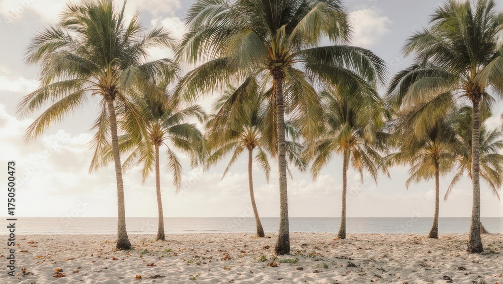 Obraz premium Scenic beach with palm trees, sandy shore, soft sunlight, and gentle waves on a sunny day