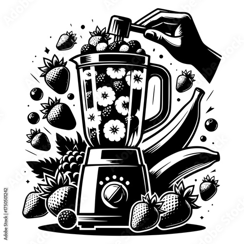 Blender making fruit smoothie with berries. Blender filled with strawberries, blueberries preparing a healthy fruit smoothie black and white vector icon with transparent background 