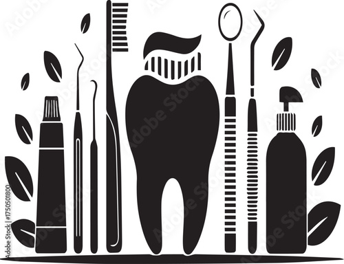 Black silhouette dental hygiene tools and tooth with leaves on white background toothbrush toothpaste