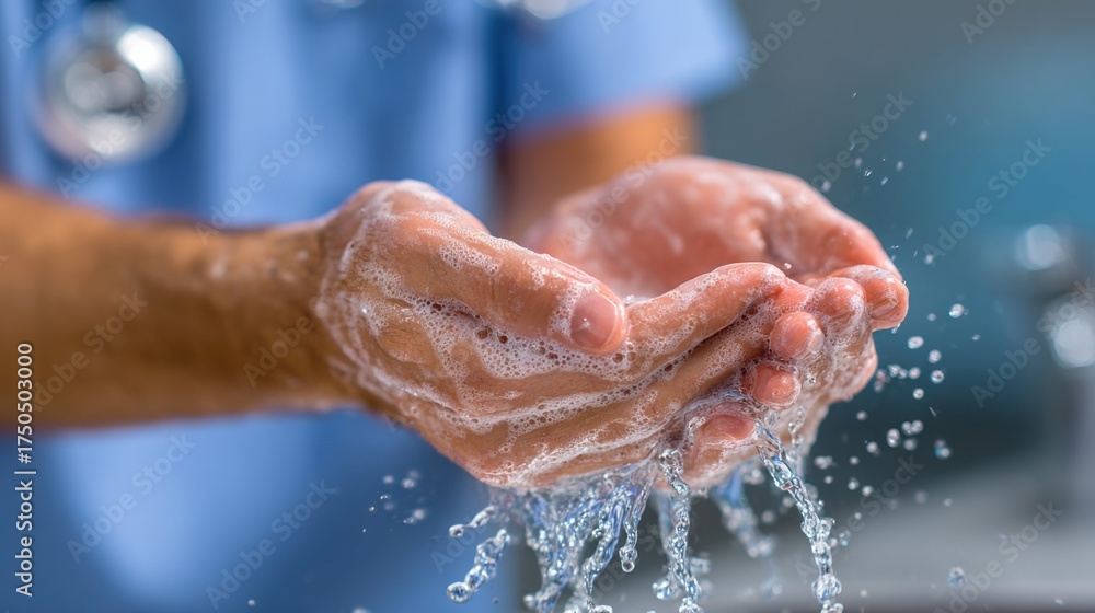 Fototapeta premium Healthcare worker washes hands with soap and water in a clinical setting to maintain hygiene and prevent infections during a medical procedure