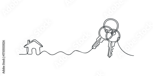 Continuous line drawing of a house connected to keys