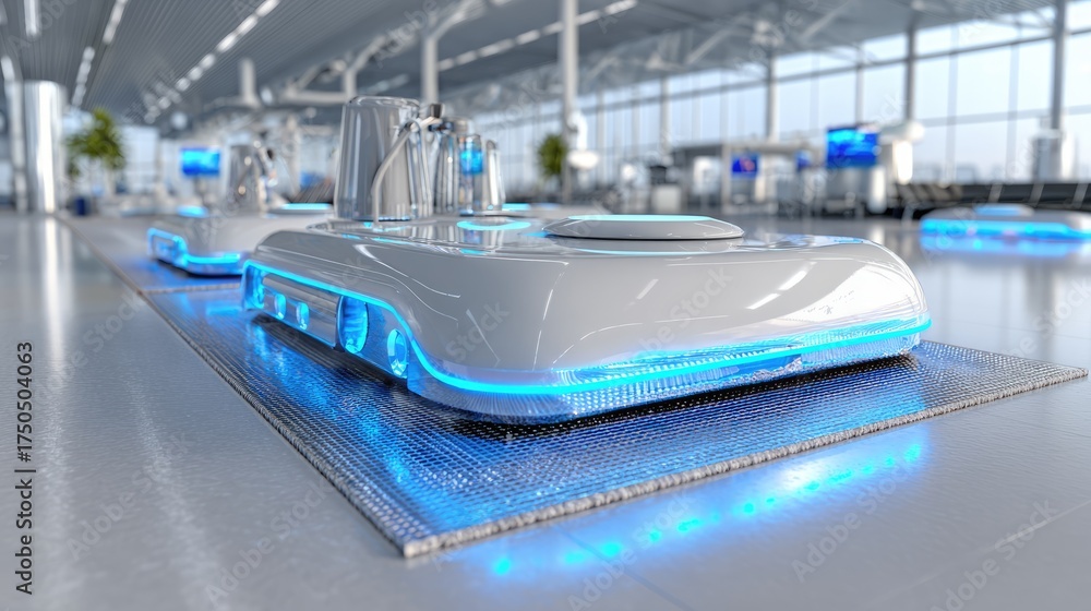 Obraz premium Futuristic Airport with Advanced Transportation Pods and Sleek Design for Modern Travel Experience