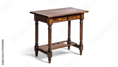 A classic, wooden, antique side table featuring a drawer and a lower shelf, on a white backdrop