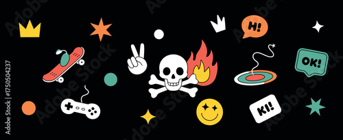 Youthful Doodle Set Skateboard, Skull, Fire, and More | Playful Graphic Elements on Black Background