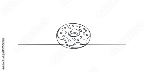 Single continuous line drawing of a classic ring doughnut