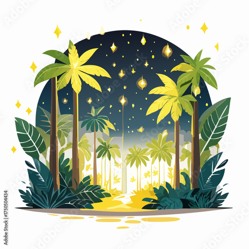 Enchanting rainforest scene at night, fireflies glowing, lush foliage, magical atmosphere