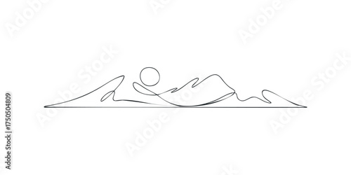 Continuous line drawing of sun rising over mountain peaks
