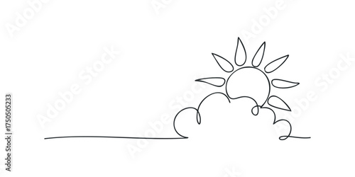 Simple line drawing of sun peeking from behind clouds