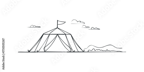 Simple tent with flag and clouds