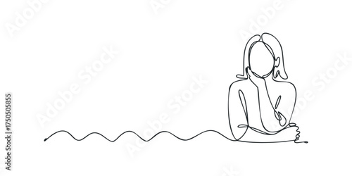 Single line drawing of a pensive person resting chin on hand
