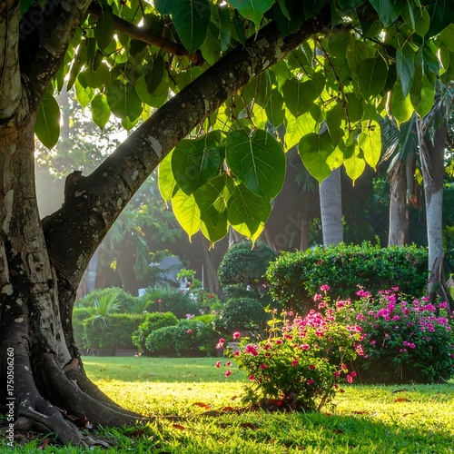 Lush green scene featuring a large tree in a well-kept garden