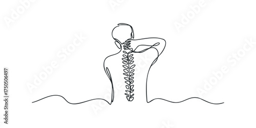 Person with neck pain holding head and showing spine