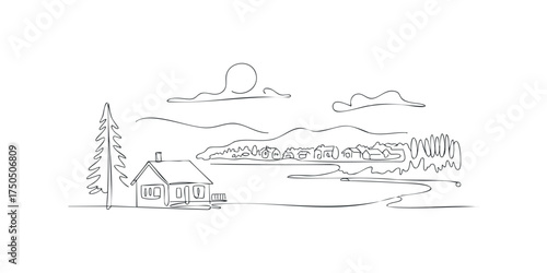 Single Line Drawing of a House and Village Landscape