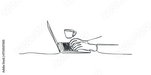 Person typing on laptop with cup nearby