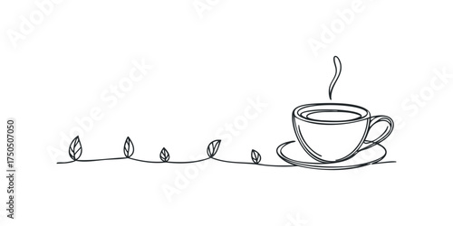 Simple Line Drawing of Steaming Coffee Cup on Saucer with Leaf Garland