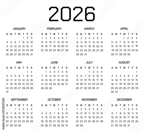Classic minimalist 4 column of month English calendar 2026 | Simple black font colour vector pocket or wall or desk calendar design template | Week starts on Thursday