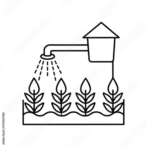 A garden with four plants getting water from a watering device