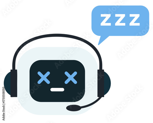 AI robot sleeping with speech bubble saying ZZZ isolated on transparent background. The design conveys tiredness, shutdown or relaxation, technology breaks, downtime, support availability or energy