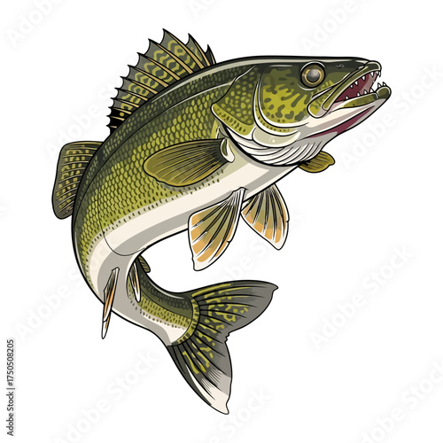Jumping walleye fish with mouth open fishing hobby river lake sport illustration