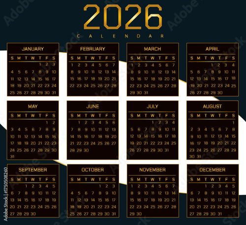 2026 calendar view with golden font with dark teal and black background with blank space | Monthly calendar modern vector illustration
