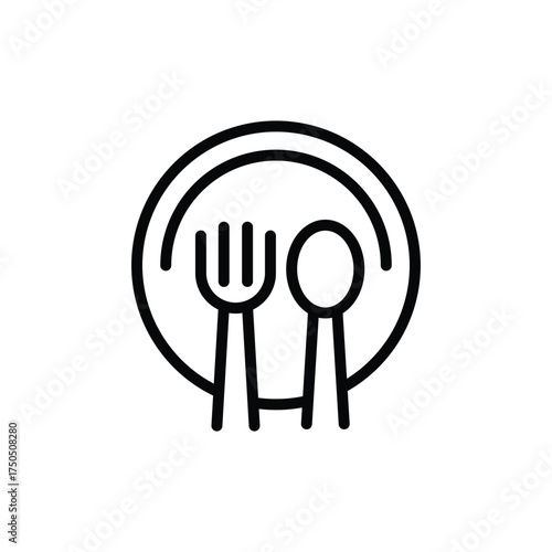 A minimalist lineart icon showing a plate with a fork and spoon inside