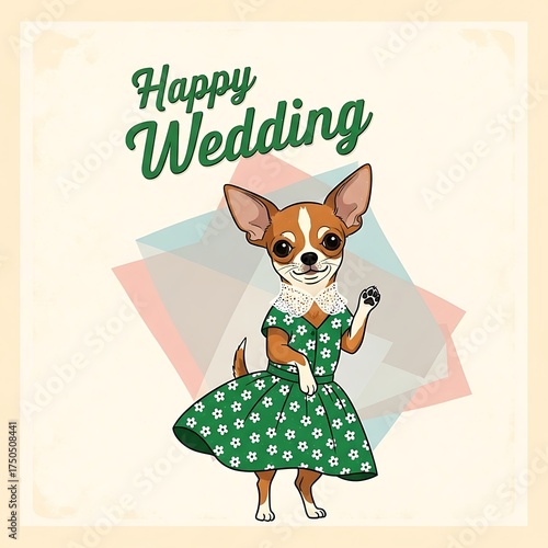 Chihuahua in Dress Celebrating Happy Wedding Day.