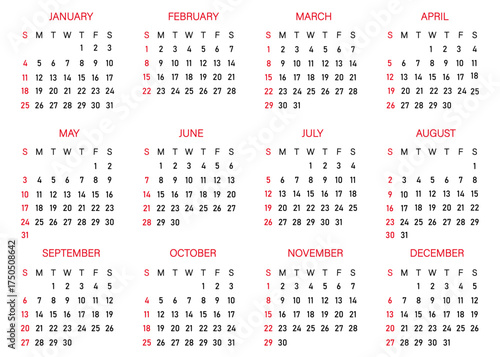 Monthly calendar demo for 2026 | Creative vector layout of a wall or desk organizer with week start Sunday | English monthly page calendars with black and blue font
