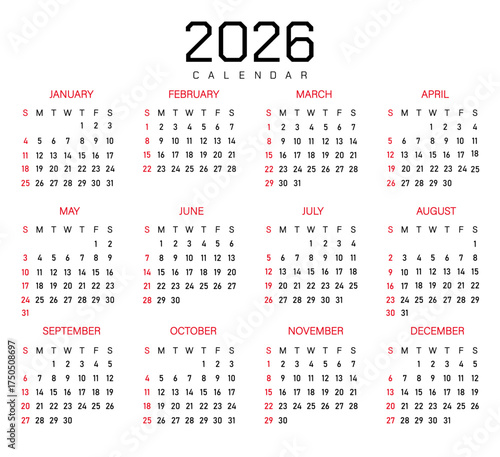 Monthly calendar demo for 2026 | Vector layout of a wall or desk organizer with week start Sunday | English monthly page calendars with black and red font