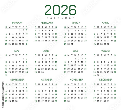 Monthly calendar demo for 2026 | Vector layout of a wall or desk organizer with week start Sunday | English monthly page calendars with black and green font