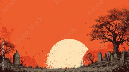 Artwork depicting a sunset over a graveyard with silhouettes of tombstones and trees, evoking a mysterious atmosphere at twilight