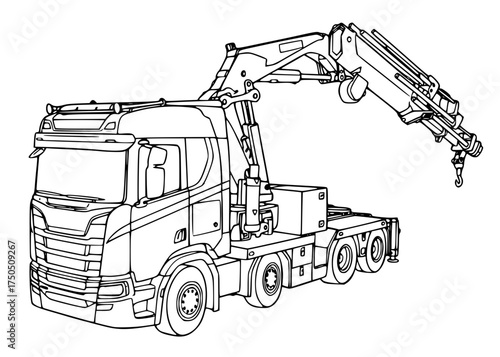 Line Art of Truck Mounted Crane,Heavy Duty Crane Truck Line Drawing