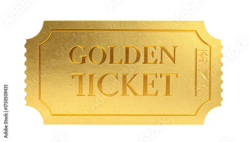 A detailed, gold-colored, rectangular ticket design, with the words 
