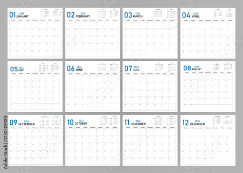Planner calendar demo 2026 | Twelve-month calendar template for your planning design | Monthly planning calendar with previous and next month information | Blue font calendar