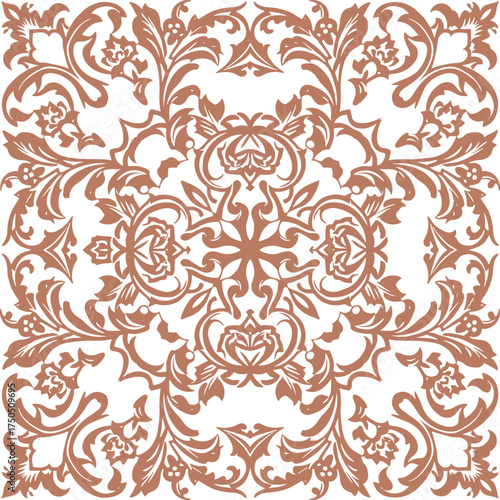 Elegant Vintage Floral Damask Pattern Square Ornament, Symmetrical Baroque Foliage Swirls, Luxury Decorative Background Element for Textile Print, Wallpaper, or Invitation Design.