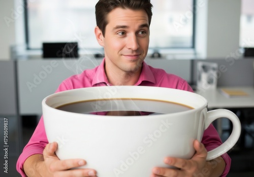 Office Worker Proudly Presents A Giant Cup Of Coffee In A Modern Workspace
