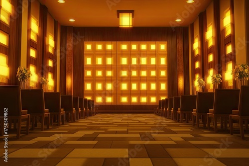 Wallpaper Mural Empty hall with glowing panels, wooden chairs Torontodigital.ca