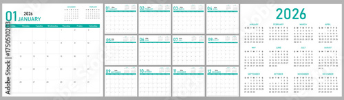2026 Calendar Planner | Template of Monthly Page, Annual | Vector layout for wall, desk calendar with week starts on Sunday | Modern calendar with previous and next month info. and teal header