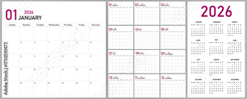 2026 Calendar Planner | Vector annual or monthly page layout for wall, desk calendar with week starts on Sunday | Modern calendar with eminence colour
