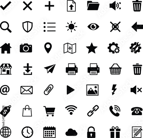 Essential Black Glyph User Interface Icon Set, Web Symbols Collection, Vector Graphics for Application Design, App, Website, Modern Interface Elements.