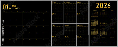 2026 Calendar Planner | Template of Monthly Page, Annual | Vector layout for wall, desk calendar with week starts on Sunday | Modern calendar with golden font on black 