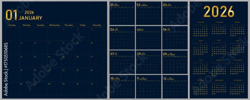 2026 Calendar Planner | Vector layout monthly, annual template for wall, desk calendar with week starts on Sunday | Modern calendar with golden font on navy-blue  