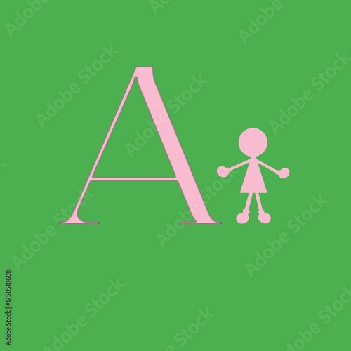 Large pink letter a with little girl figure on green background.