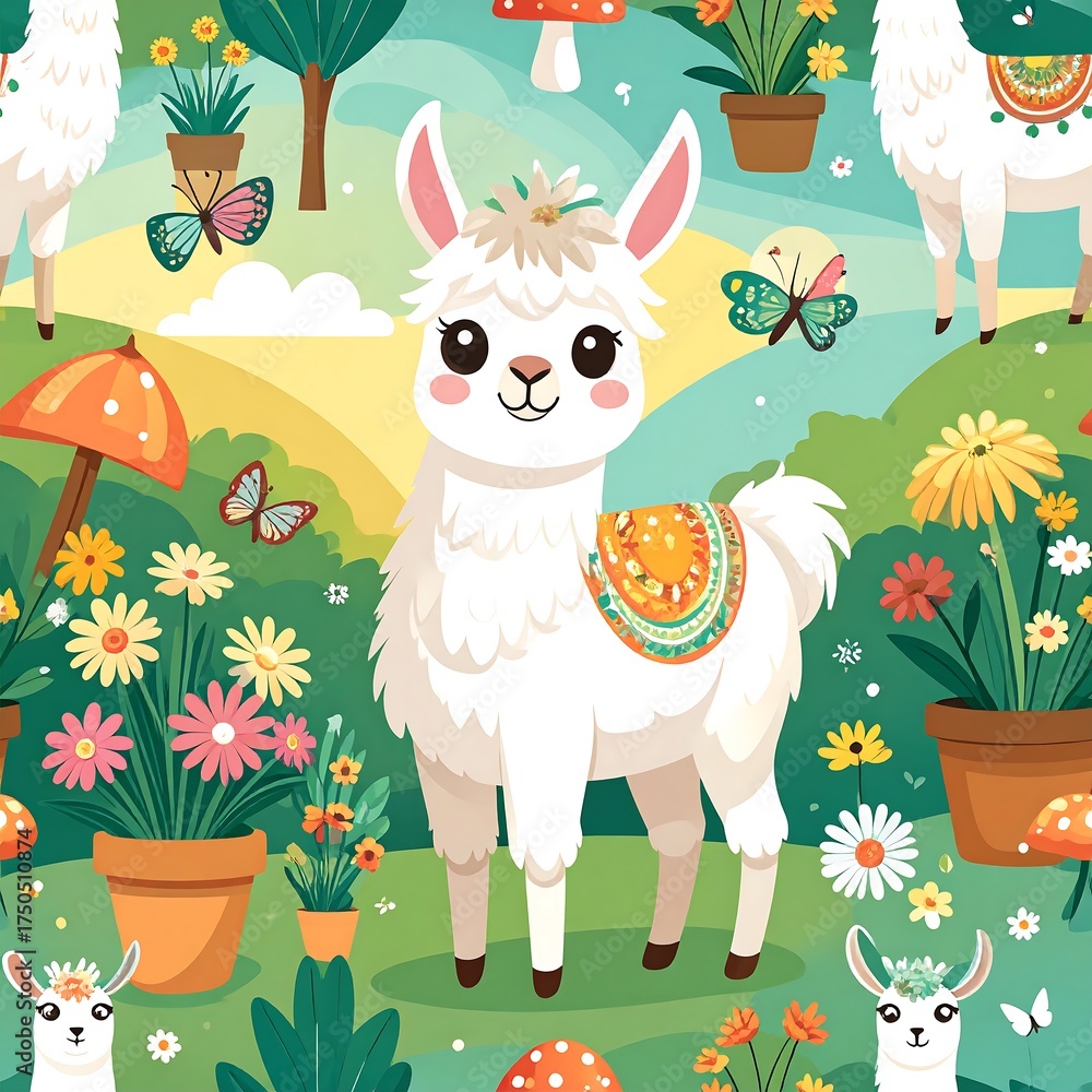 Naklejka premium Cute llama in a garden pattern