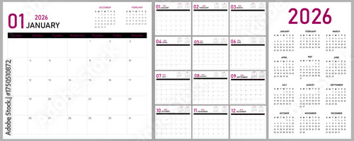 2026 Calendar Planner | Template of Monthly Page, Annual | Vector layout for wall, desk calendar with week starts on Sunday | Modern calendar with previous & next month info. and eminence colour
